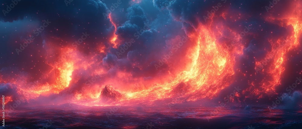 volcano bursts shift into glowing surreal digital textures., Generative AI volcano bursts shift into glowing surreal digital textures., Generative AI
