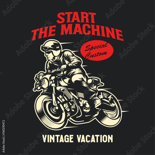 Vintage motorcycle. Hand drawn motorbike. Vector illustration. Hand drawing of man riding a classic cafe racer motorcycle