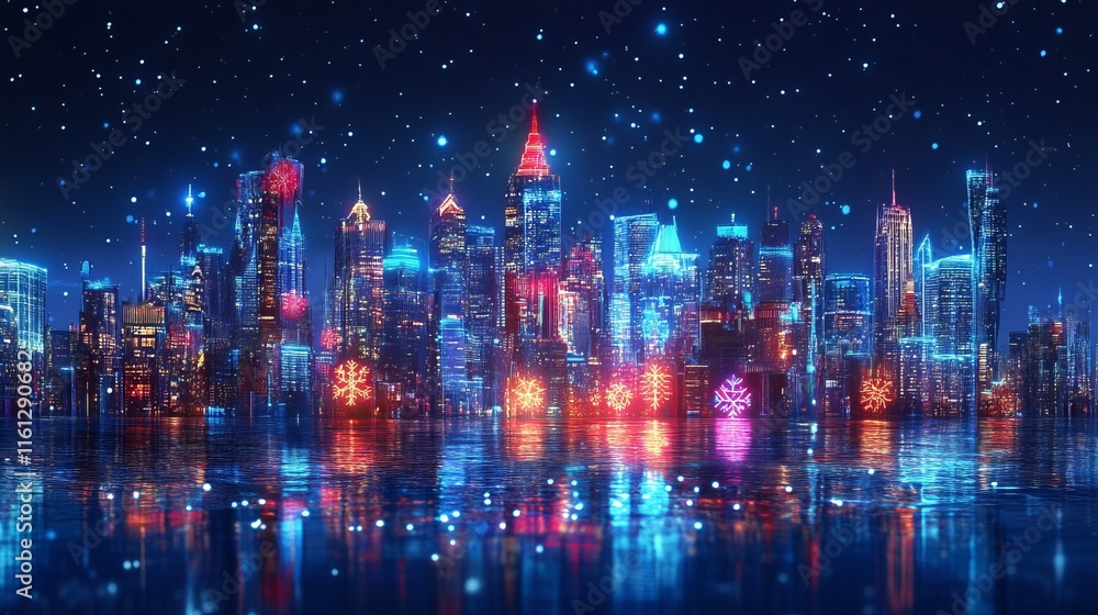 Neon Winter Wonderland: Cityscape with holographic Christmas decorations Neon Winter Wonderland: Cityscape with holographic Christmas decorations