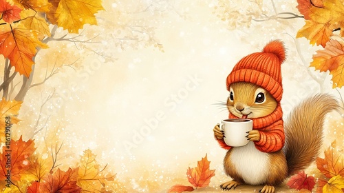 Autumn Park Banner with Copy Space featuring a Squirrel in Knitted Cap Driks Hot Chocolate from Cup  photo