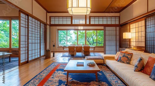 Moscow, Russia - June14, 2024: Spacious and bright Japanese style living room with sofa , coffee table and dining table . The interior of a room in a flat photo