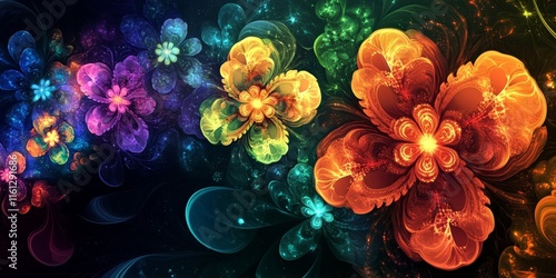 Neon fractals scatter in vibrant bursts over a dim surreal background., Generative AI