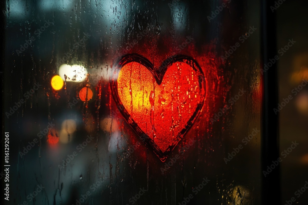 Obraz premium Rainy Night Heart Shaped Light City Window