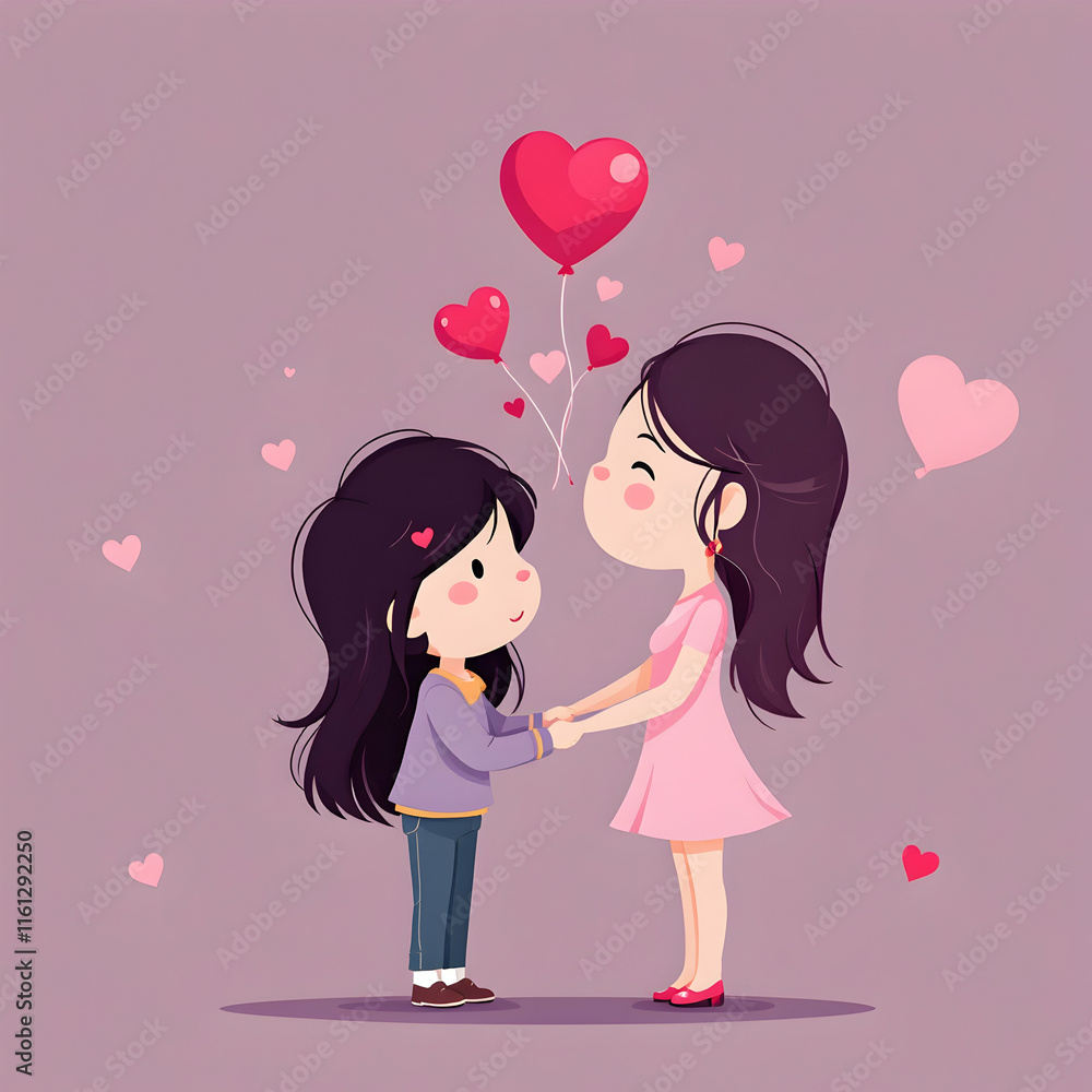 illustration of a couple celebrating Valentine's Day,chibi character illustration of a couple celebrating Valentine's Day,chibi character