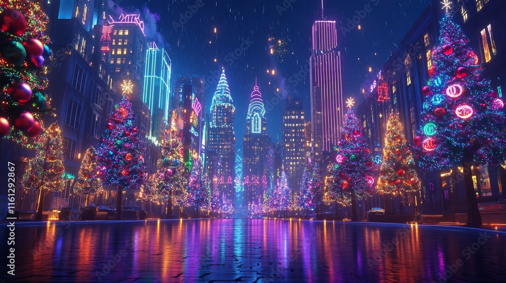 Obraz premium Neon Winter Wonderland: Cityscape with holographic Christmas decorations