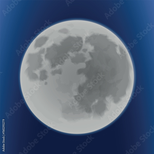 Realistic full moon with craters. Vector on a blue background