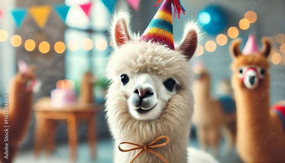Fototapeta premium Lama avec chapeau festif d'anniversaire