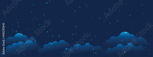 Design background of night sky with stars and clouds. Vector on a blue background