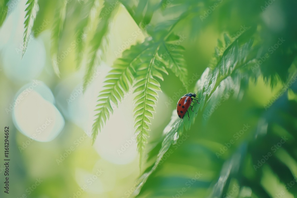 A vibrant ladybug sits on a lush green fern leaf, surrounded by soft natural light and blurred greenery, creating a serene atmosphere in a daytime setting. A vibrant ladybug sits on a lush green fern leaf, surrounded by soft natural light and blurred greenery, creating a serene atmosphere in a daytime setting.