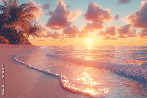 Photo réaliste d’une plage déserte au coucher du soleil, avec une lumière dorée et chaude se reflétant sur le sable mouillé, tandis que des palmiers gracieux se dessinent en arrière-plan