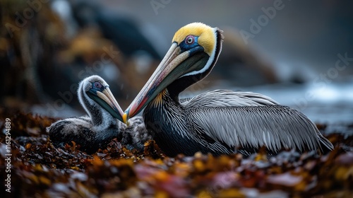 A brown pelican and its chick resting among seaweed on a beach.