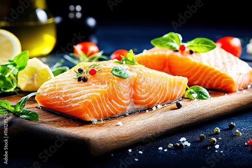 Fresh salmon fillet on wooden board garnished with herbs and lemon, showcasing seafood delicacy and vibrant colors in kitchen setting photo