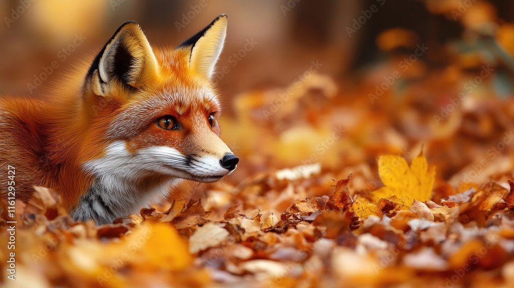 Fototapeta premium A close-up of a fox amidst autumn leaves, showcasing its vibrant fur and attentive gaze.