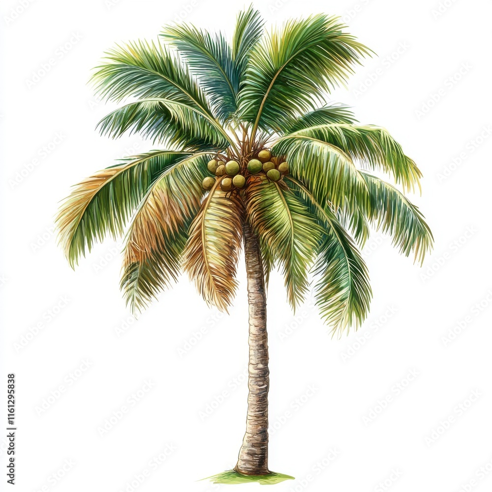 Obraz premium Tropical Palm Tree Illustration with Lush Green Leaves and Fruit