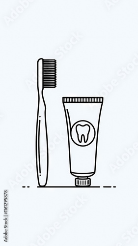 Minimalist toothbrush and toothpaste line art on a light background, sleek bathroom decor and personal hygiene inspiration, dental branding