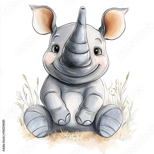 Joyful watercolor illustration of a cute kid rhino doll with a cheerful expression in a serene outdoor setting photo