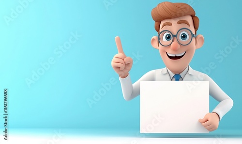 Happy cartoon businessman pointing at blank information board, ready for advertising opportunities in a vibrant setting photo