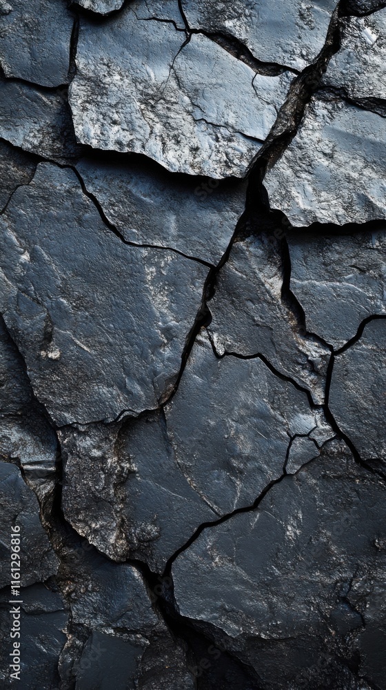 Fototapeta premium Rugged black coal surface with deep cracks and textured details