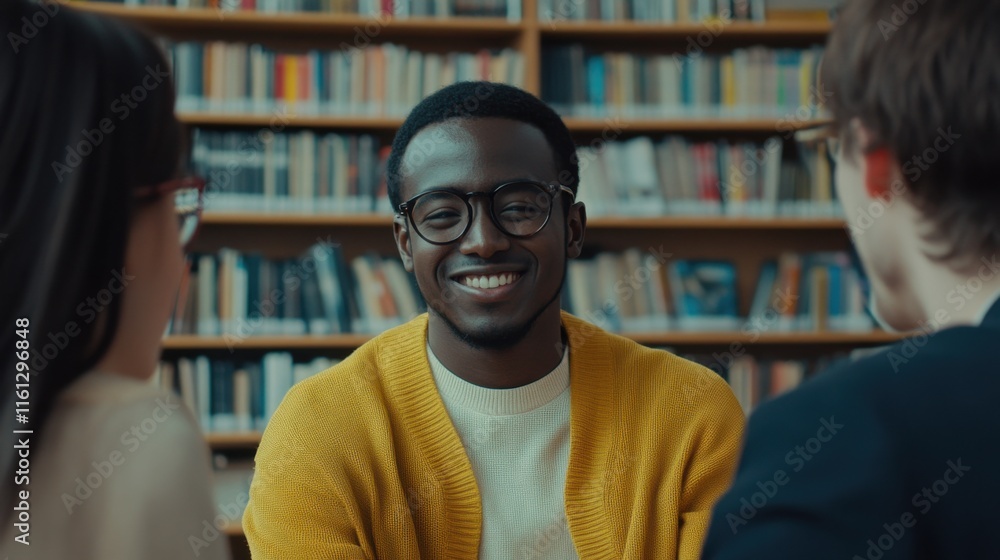 Diverse group of multiracial students engages in a lively study session in a bright library Diverse group of multiracial students engages in a lively study session in a bright library