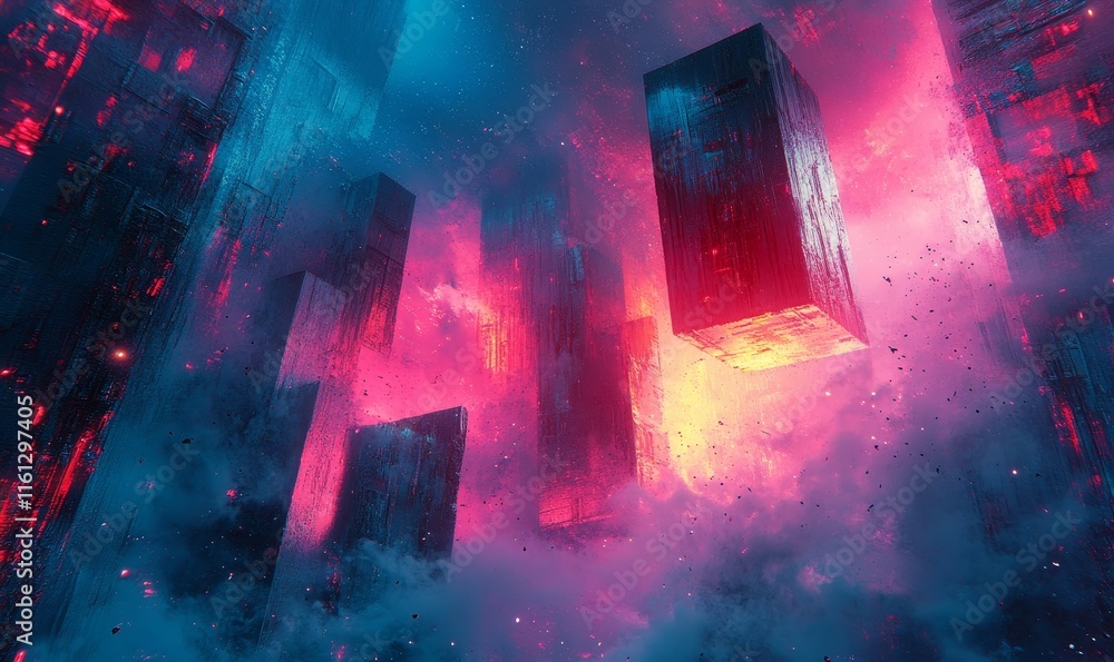 3D geometric shapes dissolve into surreal, glowing abstract designs., Generative AI