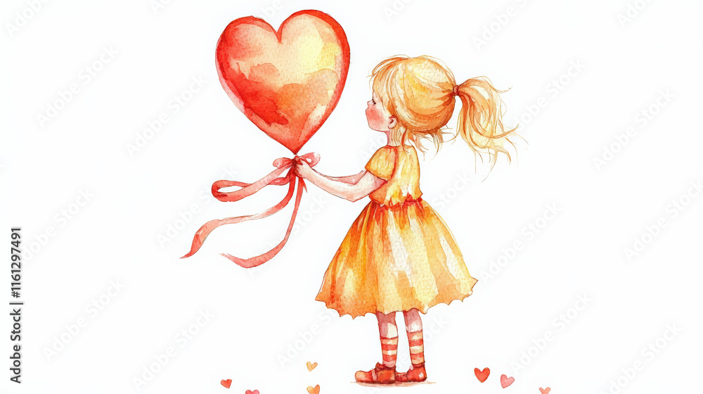 child holding heart shaped balloon in watercolor style, joyful and sweet