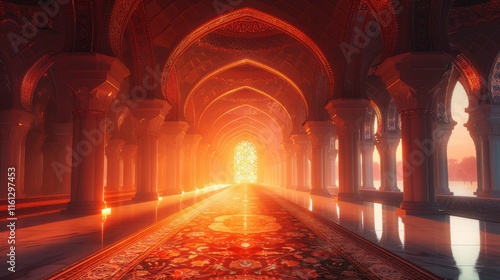A long hallway with a red carpet and a window