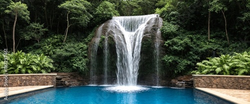 Blue swimming pool with a waterfallin tropical forest photo