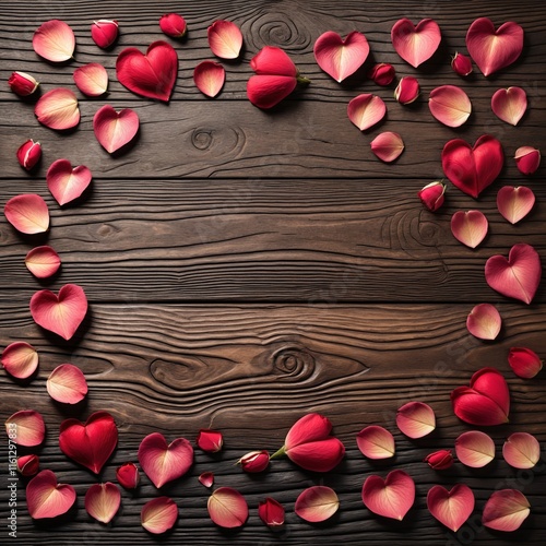 red and pink rose petals on a wooden background