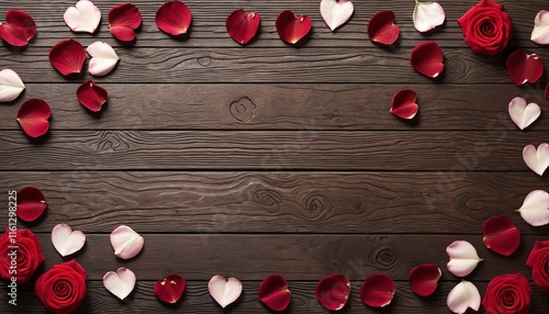 red roses and petals on a dark wooden background