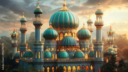 A large, ornate building with a blue dome and gold accents