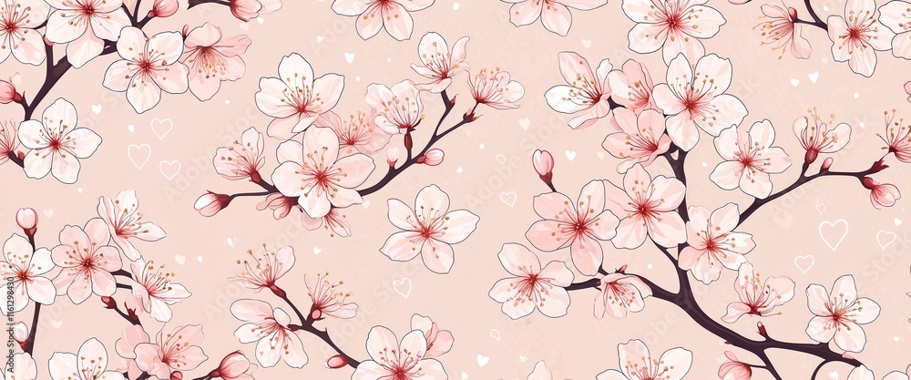 Fototapeta premium Pink cherry blossoms with heart on a pink background