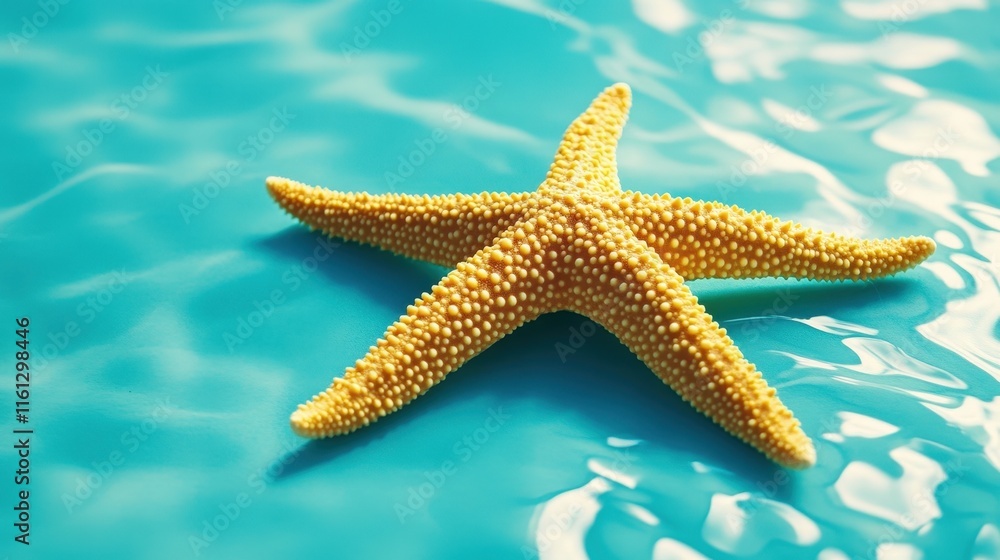 Beautiful Yellow Starfish on Calm Blue Water Surface Beautiful Yellow Starfish on Calm Blue Water Surface
