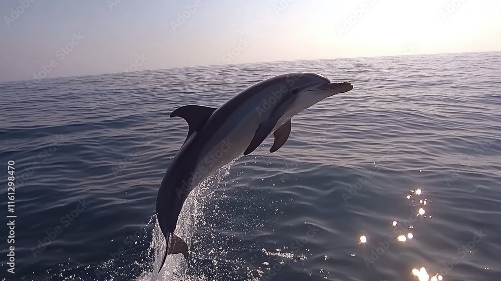 Fototapeta premium A dolphin leaps gracefully above the ocean surface, showcasing its agility and playfulness.