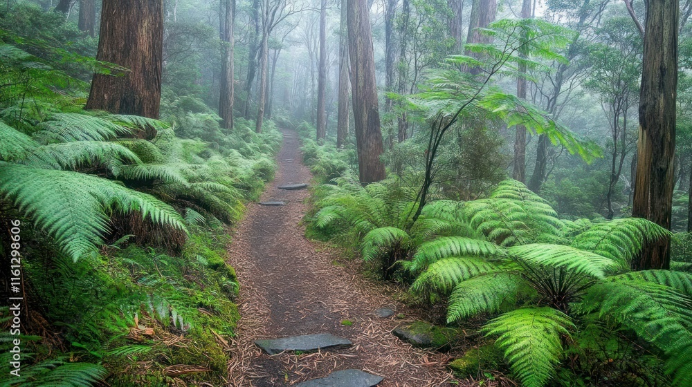 Obraz premium Misty Forest Trail: A Serene Walk Through Lush Greenery