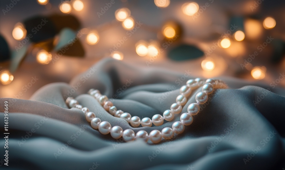Elegant pearls resting on soft fabric with warm lights in the background. Elegant pearls resting on soft fabric with warm lights in the background.