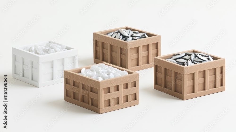 Wooden Crates Filled With Fish And White Pebbles Minimalist Scene Wooden Crates Filled With Fish And White Pebbles Minimalist Scene
