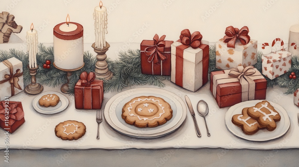 Christmas gifts reunion concept. Festive table setting with cookies, candles, and wrapped gifts for a holiday celebration. Christmas gifts reunion concept. Festive table setting with cookies, candles, and wrapped gifts for a holiday celebration.