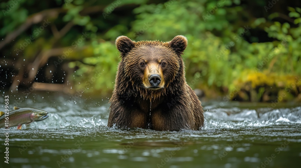 A bear wading through water, possibly hunting for fish in a lush, green environment. A bear wading through water, possibly hunting for fish in a lush, green environment.