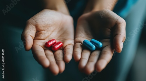 Choosing between red and blue pills a thought-provoking moment in a minimalistic setting photo