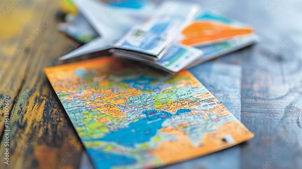 Naklejka premium Travel Planning Map Tickets on Wooden Table