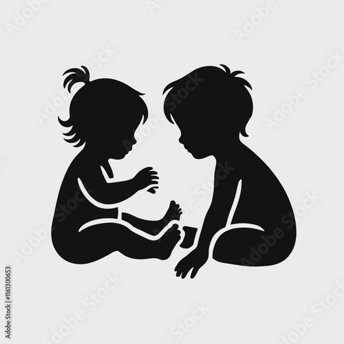 very simple, flat, and minimalist baby and toddler silhouette in black color on a white background