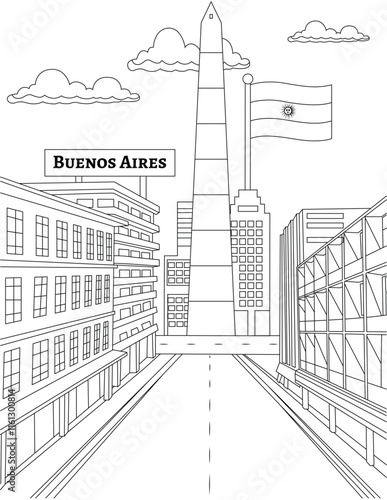 Obelisk ,In Buenos Aires, Argentina .The Argentinian flag flies, and the name "Buenos Aires" is written in modern, lively font to match the city’s vibrant energy. Buenos Aires coloring page for kids 