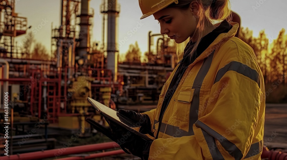 Fototapeta premium Female Engineer Using Tablet at Refinery Sunset