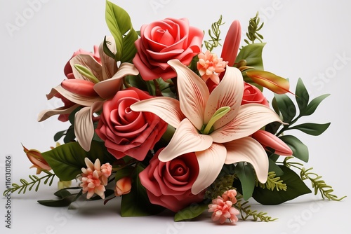 A beautifully arranged bouquet featuring vibrant roses and elegant lilies, perfect for any occasion or decor. photo