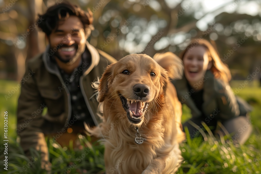 A cheerful golden retriever playing in a lush green park with two happy people enjoying the moment. A cheerful golden retriever playing in a lush green park with two happy people enjoying the moment.