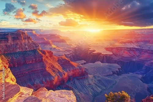 Vibrant hues of orange and purple fill the sky as the sun sets behind the Grand Canyon, illuminating the canyonâ€™s rugged terrain and creating a breathtaking view. photo