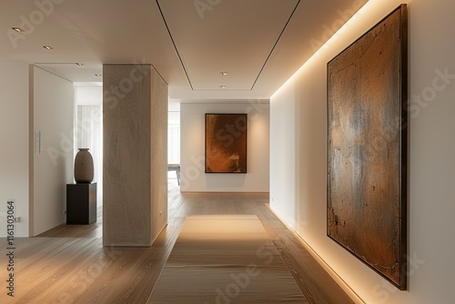 Minimalist hallway with a statement art piece and minimal lighting