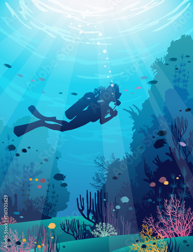 Vector illustration with silhouette of scuba diver, colorful coral reef and school of fish.Seascape with underwater wildlife.