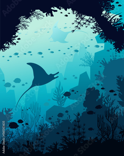 Silhouette of two mantas, coral reef and school of fish on a blue sea. Vector illustration with underwater nature. Flora and fauna of ocean