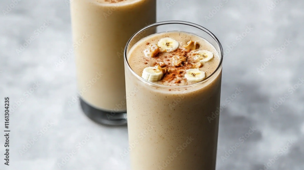 Two glasses of creamy banana smoothie topped with banana slices. Two glasses of creamy banana smoothie topped with banana slices.